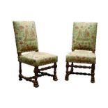 Pair Victorian walnut framed hall chairs, with brass nailed upholstered needlework back and seats,