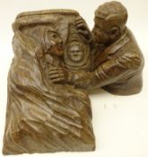 Late 20th century carved oak figural group, carved as a mother and child, the father beside them,