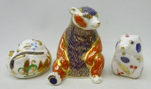 Three Royal Crown Derby paperweights, 'sleeping doormouse', 'field mouse' and 'honey bear',