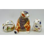 Three Royal Crown Derby paperweights, 'sleeping doormouse', 'field mouse' and 'honey bear',
