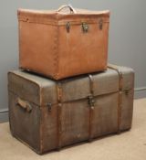 Vintage travel luggage chest, flying stalk logo, two leather carry handles, hinged lid with catches,