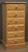 Solid pine six drawer pedestal chest with turned handles W52cm, D46cm,