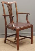 20th century Georgian style walnut armchair, pierced splat, carved arms, leather upholstered seat,