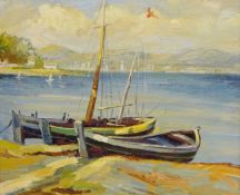 Moored Fishing Boats, 20th century continental oil on board unsigned 50cm x 61.