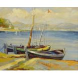 Moored Fishing Boats, 20th century continental oil on board unsigned 50cm x 61.