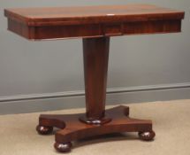 Regency mahogany folding card table, green baize, tapering column on shaped base with bun feet,
