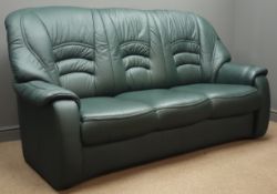 Four piece lounge suite; three seat sofa (W202cm, H106cm, D90cm) pair of matching armchairs, (W95cm,
