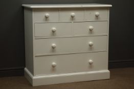 Painted pine chest with three small and three long drawers, plinth base, W103cm, H95cm,