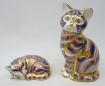 Two Royal Crown Derby paperweights 'Sleeping Kitten' & another Cat,