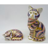 Two Royal Crown Derby paperweights 'Sleeping Kitten' & another Cat,