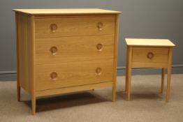 Marks and Spencer light oak finish chest of three drawers on turned supports, (W89cm, H87cm, D48cm),