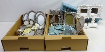Two small shabby chic style mirrors, small trinket boxes, thirteen metal rimmed glass coasters,