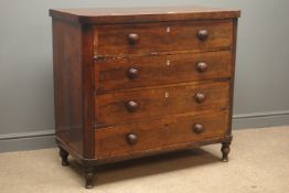 19th century mahogany four drawer chest, turned supports, W103cm, H95cm,