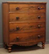 Victorian mahogany bow fronted four drawer chest, four turned supports W110cm, H124cm,