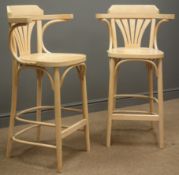 Pair lightwood bentwood high bar stools, pierced splat, four supports and stretchers W57cm, H101cm,