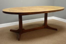 1960's hardwood oval dining table, twin pillar supports with floor stretcher, 201cm x 110cm,