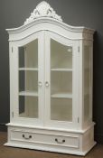 French style white finish armoire, pierced and carved cresting, glazed sides and two glazed doors,