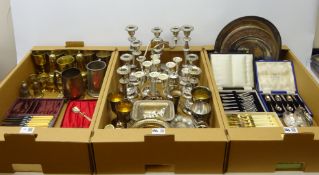 Silver-plated candlesticks, toast rack, silver-plated tray, boxed teaspoons,