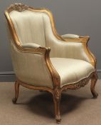 French Louis style upholstered armchair, carved detail, Versailles gold paint, W75cm, H92cm,