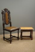 Victorian oak carved chair, intricate cresting, leather upholstered splat and seat,