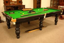 Late 20th century slate bed snooker table, on ebonised base, turned baluster supports,