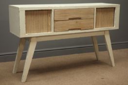 Rustic painted side table, fitted with two drawers and two cupboards and undertier, W90cm, D40cm,