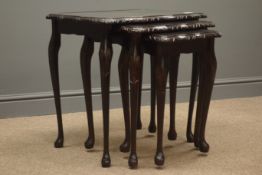 Reproduction mahogany nest of three tables, glazed tops, cabriole supports, W55cm, H56cm,