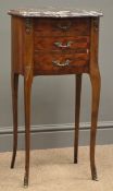 Small French style mahogany bedside, shaped moulded marble top, three drawers, on cabriole legs,