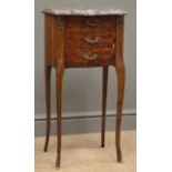 Small French style mahogany bedside, shaped moulded marble top, three drawers, on cabriole legs,