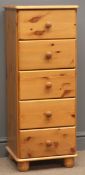 Pine five drawer chest on turned feet, W38cm, H93cm,