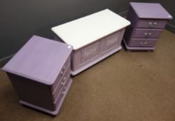 Pair painted pine bedside chests, three drawers, (W45cm, H59cm, D40cm) and similar blanket box,