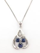 14ct white gold sapphire and diamond pendant stamped 585 on 9ct white gold chain stamped 375