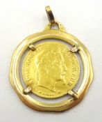 1866 gold ten franc coin, loose mounted in 9ct gold pendant, approx 7.