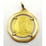 1866 gold ten franc coin, loose mounted in 9ct gold pendant, approx 7.