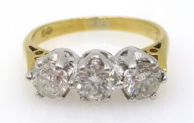 Three stone diamond gold ring (tested 18ct), diamonds 0.