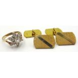 9ct gold cluster dress ring hallmarked 9ct and a pair of gold-plated cuff-links boxed