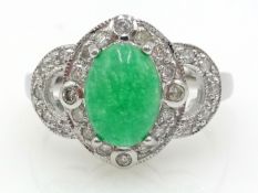 White gold diamond and oval jade ring Condition Report Size M-N<a href='//www.