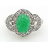 White gold diamond and oval jade ring Condition Report Size M-N<a href='//www.