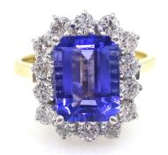 18ct gold emerald cut tanzanite and diamond cluster ring, hallmarked, tanzanite approx 2 carat,