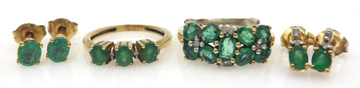 Two diamond and green stone set gold rings and two similar pairs of ear-rings,
