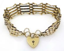 9ct gold five bar gate bracelet, hallmarked heart shape lock approx 10.