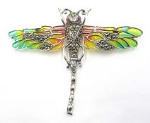 Plique-a-jour and marcasite silver dragonfly brooch,