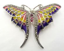 Plique-a-jour, marcasite, pearl and cabochon stone set silver butterfly pendant/brooch,