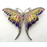 Plique-a-jour, marcasite, pearl and cabochon stone set silver butterfly pendant/brooch,