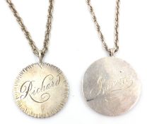 Two QEII Silver Jubilee pendant necklaces inscribed 'Richard' and 'Juliette' halllmarked