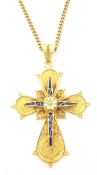 18ct gold and enamel filigree cross pendant stamped 750 on 8ct gold chain necklace stamped 333
