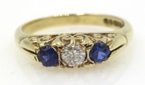 Three stone diamond and sapphire gold ring, hallmarked 9ct Condition Report Approx 2.