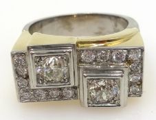 18ct white and yellow gold diamond geometric ring, set with two old cut diamonds of approx 1 carat,