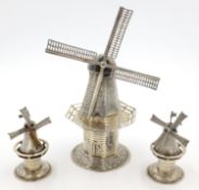 Dutch silver model of a windmill 1961 and a pair of similar silver models approx 8oz