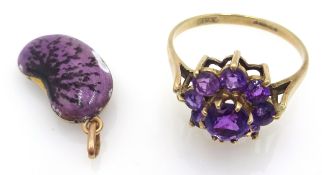 9ct gold amethyst cluster ring Edinburgh 1977 and rose gold mounted kidney bean stamped 9ct